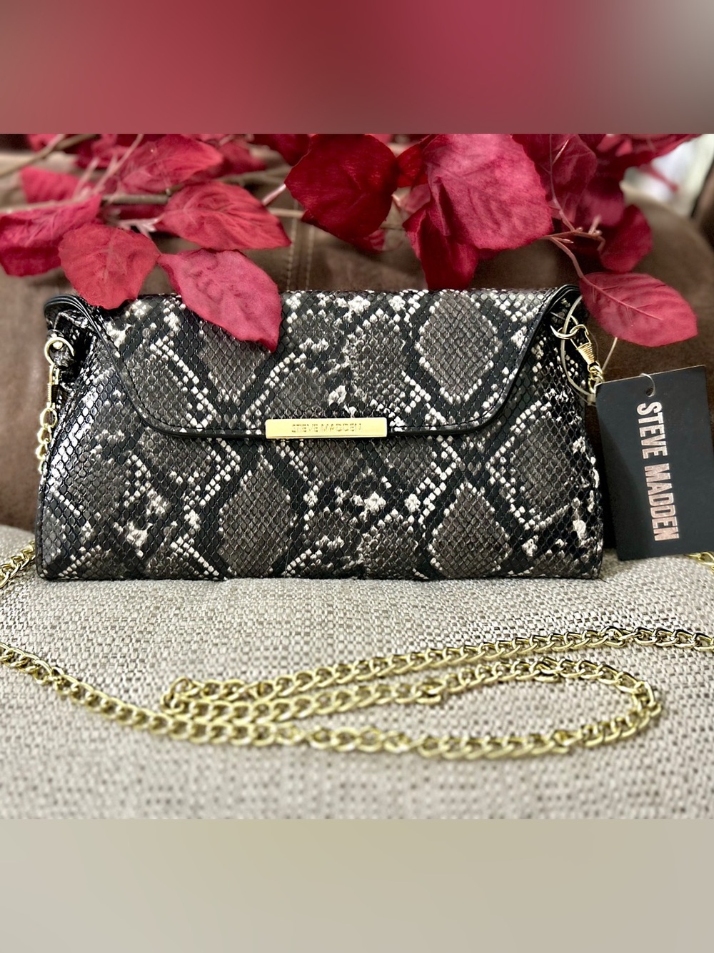 Steve Madden Snake-Print Crossbody with Gold Chain